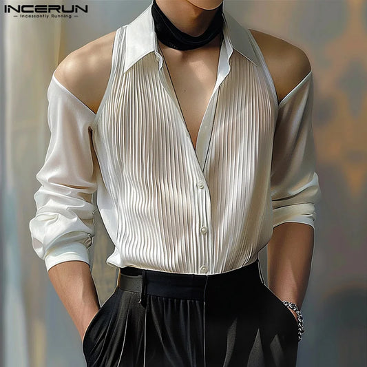 INCERUN Tops 2024 Fashion Men's Solid Fine Stripe Off Shoulder Shirt Casual Clubwear Hot Selling Lapel Long Sleeved Blouse S-5XL