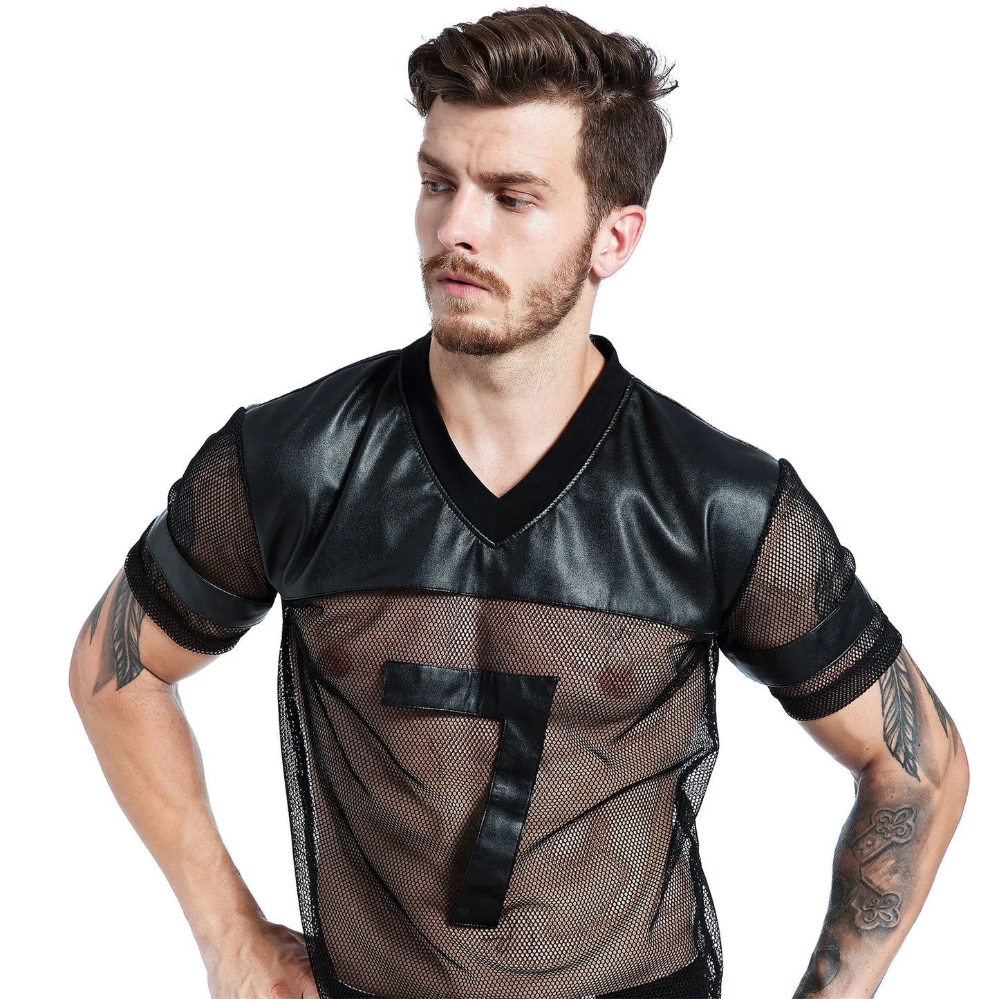 CLEVER-MENMODE Sexy Herren Netz-T-Shirt PU Kunstleder Mesh Shirts Durchsichtige Tops T-Shirt Transparent Kurzarm Bühnen-Clubwear