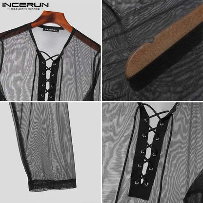 INCERUN Tops 2023 Style américain Hommes Mode Sexy Maille Cordon T-shirts Loisirs Confortable Mince Manches Longues Camiseta S-3XL