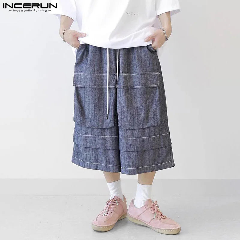 INCERUN 2024 Korean Style Trousers Stylish Men Cargo Patchwork Pockets Wide Leg Pants Leisure Male Solid Cropped Pantalons S-5XL