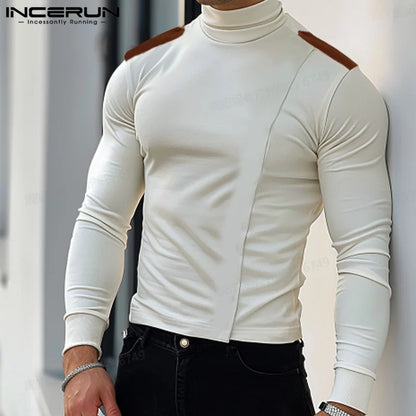 INCERUN Tops 2024 Stylish Men's Shirts High Neck Long Sleeve Thin Spring Autumn Streetwear Contrast Color Pullover Blouse S-5XL