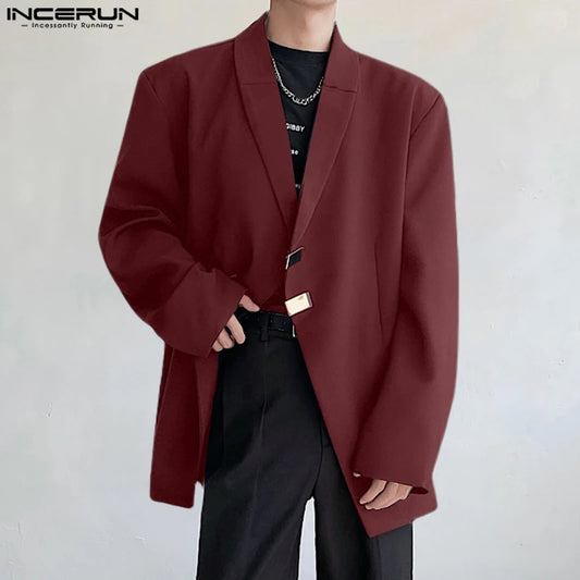 INCERUN Tops 2024 Sexy Men Slanted Neck Metal Buckle Shoulder Pad Blazer Casual Well Fitting Solid Long Sleeved Suit Coats S-5XL