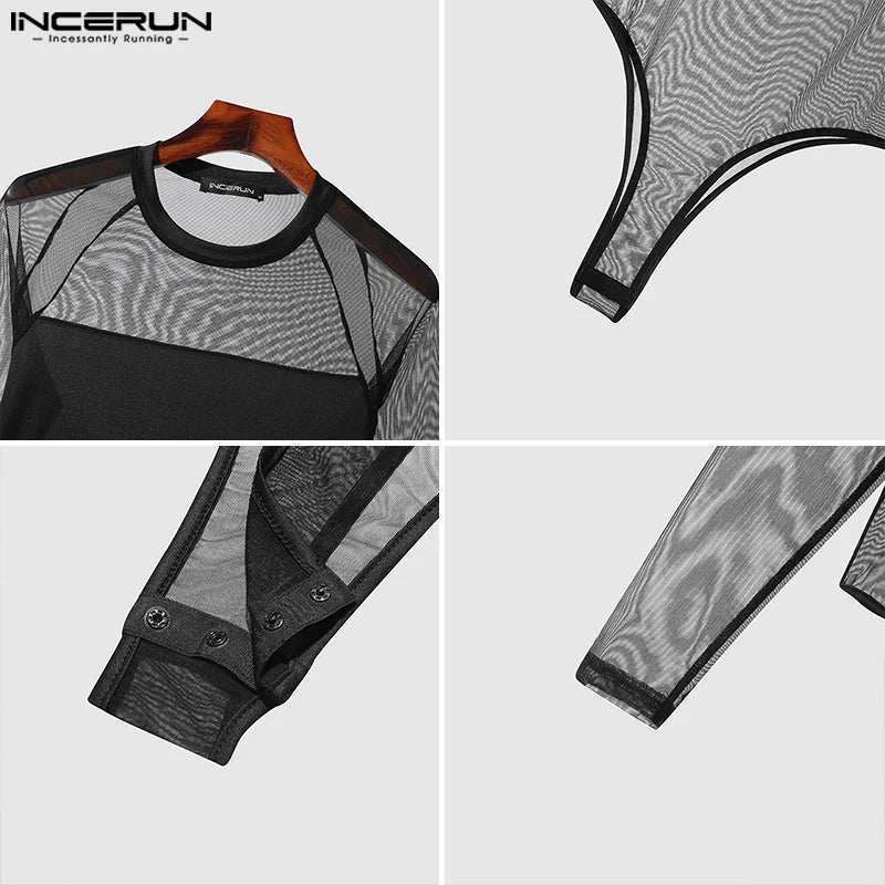 Sexy Homewear Bodysuit INCERUN Men Splicing See-through Thin Mesh Jumpsuits Stylish Hot Sale Male Long Sleeve Rompers S-5XL 2023