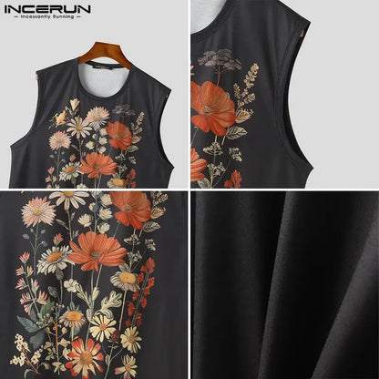 Fashion Casual Style Tops INCERUN New Men Floral Print O-neck Design Vests Male Streetwear Loose Sleeveless Tank Tops S-5XL 2024