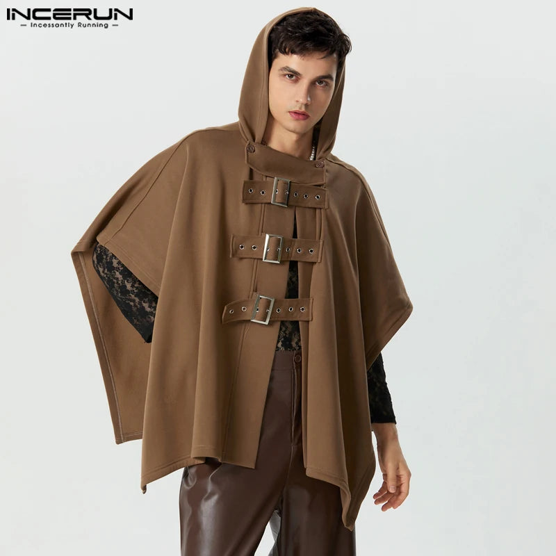 2023 Men Cloak Coats Solid Color Hooded Button Irregular Trench Ponchos Streetwear Loose Fashion Casual Male Cape S-5XL INCERUN