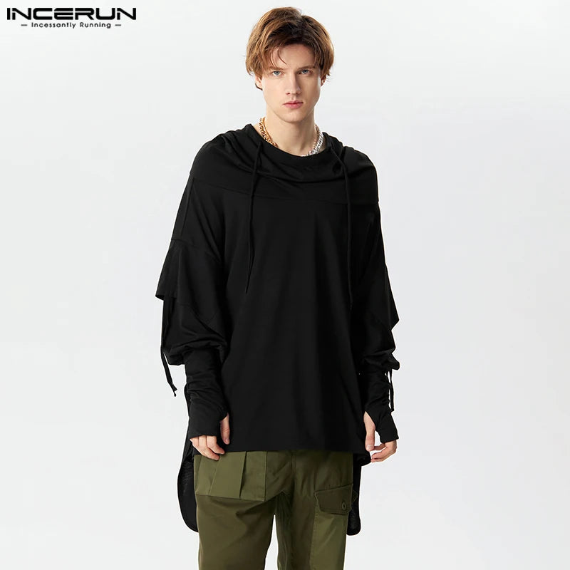 INCERUN Tops 2024 Amerikanischer Stil, Mode, neue Herren-Kapuzenpullover mit Fingerhut, lässig, einfarbig, bequem, mit Kordelzug, langärmelig, S-5XL