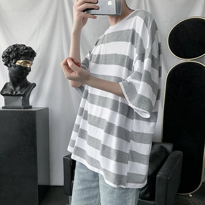 HOUZHOU Striped Short Sleeve Tee Men Graphic Ice Slik T-shirts Male Harajuku Green Tops Casual Pullover Korean Streetwear