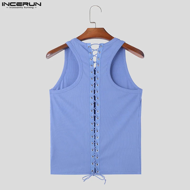 INCERUN Tops 2024 American Style Mens Back Cross Strap Design Vests Casual Streetwear Solid Well Fitting Knitted Tank Tops S-5XL