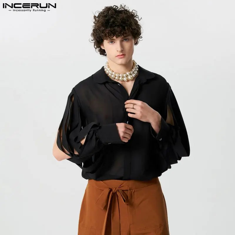 Fashion Casual Style Tops INCERUN Men Lace Perspective Sleeve Design Shirts Streetwear Male Solid Long Sleeved Blouse S-5XL 2024