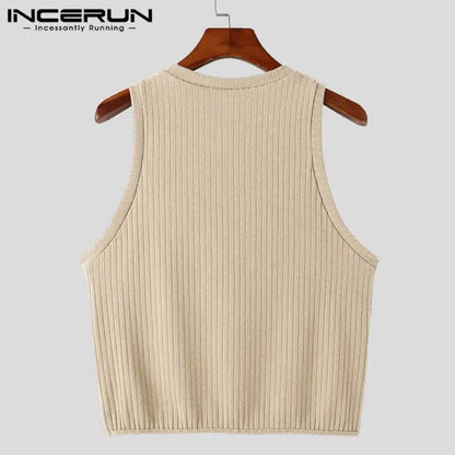 INCERUN Tops 2024 Koreanische Stil Männer Sommer Mode Gestrickte Pit Streifen V-ausschnitt Westen Casual Einfache Solide Ärmellose Tank Tops S-5XL