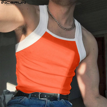 INCERUN Men Tank Tops Patchwork Skinny O-neck Sleeveless Casual Male Vests Streetwear Summer 2024 Fashion Men Clothing S-3XL