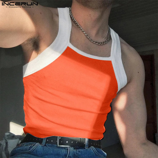 INCERUN Men Tank Tops Patchwork Skinny O-neck Sleeveless Casual Male Vests Streetwear Summer 2024 Fashion Men Clothing S-3XL