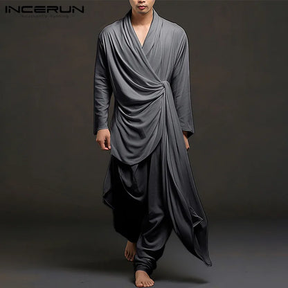 INCERUN 2024 Koreanische Stil Männer Einfache Elegante Sets Freizeit Unregelmäßige Solide Lange Ärmeln Tops Hosen Streetwear Anzug 2 Stück S-5XL