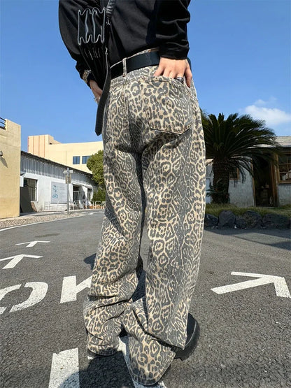 HOUZHOU Leopard Jeans Men Denim Pants Male Oversize Wide Leg Trousers Streetwear Hip Hop Vintage Animal Print Loose Casual