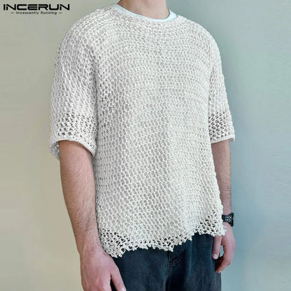 INCERUN Tops 2024 American Style Fashion Men's Mesh Hollowed Design T-shirts Casual Streetwear O-neck Half sleeve Camiseta S-5XL