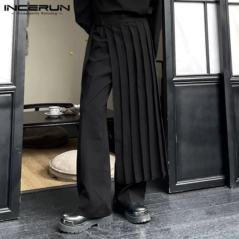 INCERUN 2024 Korean Style Men's Pantalons Detachable Half Pleated Skirts Pants Leisure Solid All-match Wide Leg Long Pants S-5XL