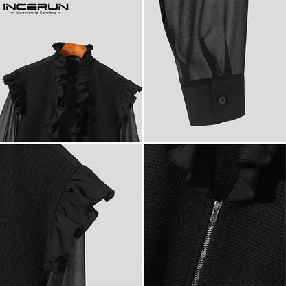 INCERUN Tops 2024 Fashion New Men's Texture Splicing Perspective Mesh Shirt Sexy Male Thin Ruffled Edge Long Sleeve Blouse S-5XL