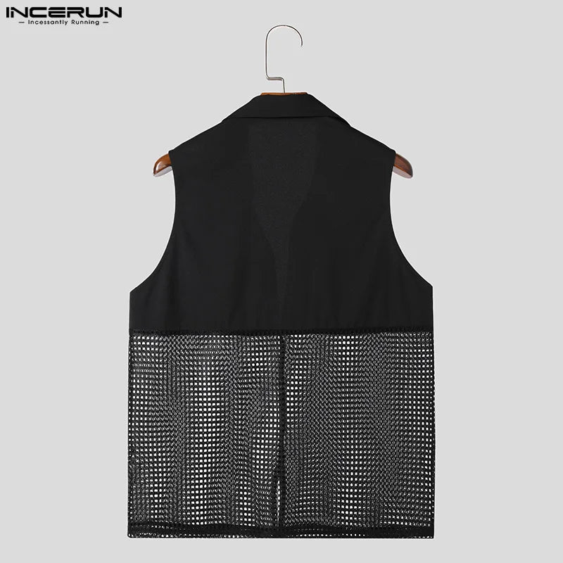 Sexy Stylish Style INCERUN Men's Slightly Perspective Mesh Splicing Shirts Summer Casual Streetwear Male Sleeveless Blouse S-5XL