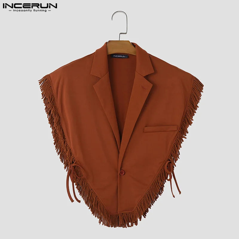 Fashion Casual Style Tops INCERUN Men's Side Strap Short Tassel Silhouette Vests Handsome Male Solid Lapel Waistcoats S-5XL 2024