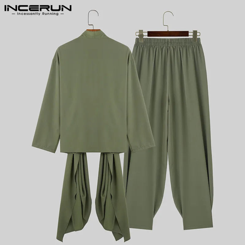 INCERUN 2024 Korean Style Men Simple Elegant Sets Leisure Irregular Solid Long Sleeved Tops Pants Streetwear Suit 2 Pieces S-5XL