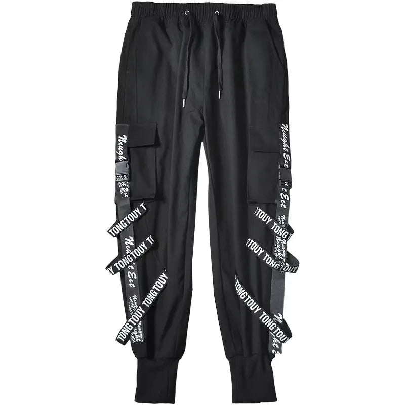 HOUZHOU Techwear Cargo Pants Men Joggers Black Cargo Trousers for Men Jogging Japanese Streetwear Hip Hop Hippie Gothic Ribbon