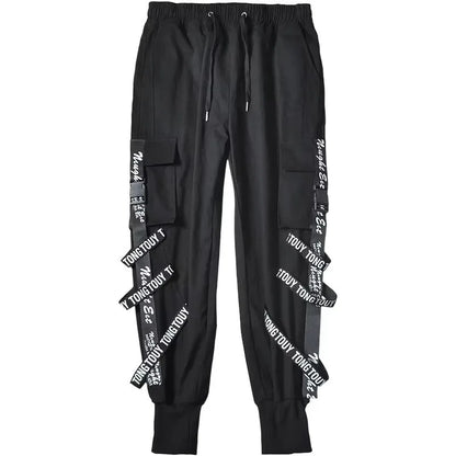 HOUZHOU Techwear Cargo Pants Men Joggers Black Cargo Trousers for Men Jogging Japanese Streetwear Hip Hop Hippie Gothic Ribbon