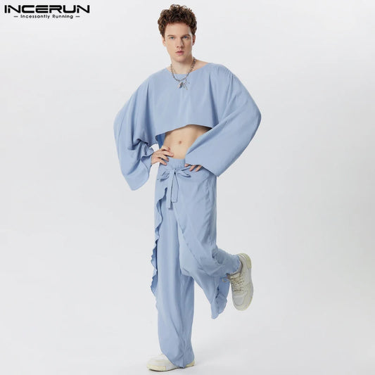 INCERUN 2024 American Style Sets Stylish Men's Cropped Long Sleeved Tops Layered Strap Design Pant Leisure Two-piece Sets S-5XL