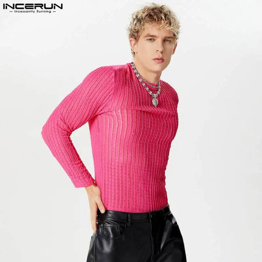 INCERUN Tops 2024 American Style Fashion New Men's Striped Mesh Perspective T-shirt Sexy Male O-neck Long Sleeved Camiseta S-5XL