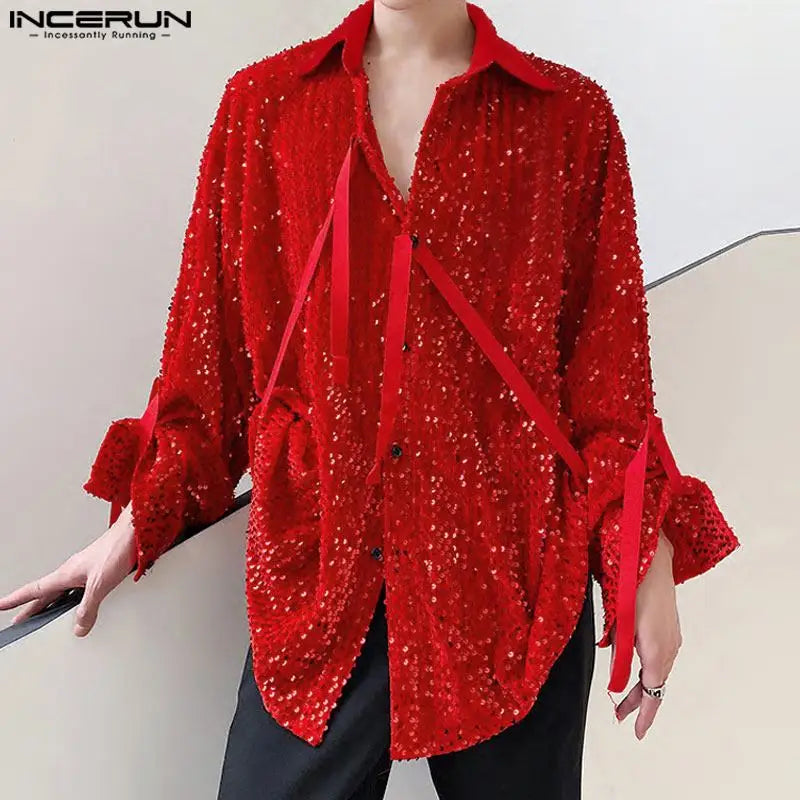 INCERUN Tops 2024 Korean Style New Mens Personality Shiny Reflective Design Shirts Casual Fashion Thin Long Sleeved Blouse S-5XL