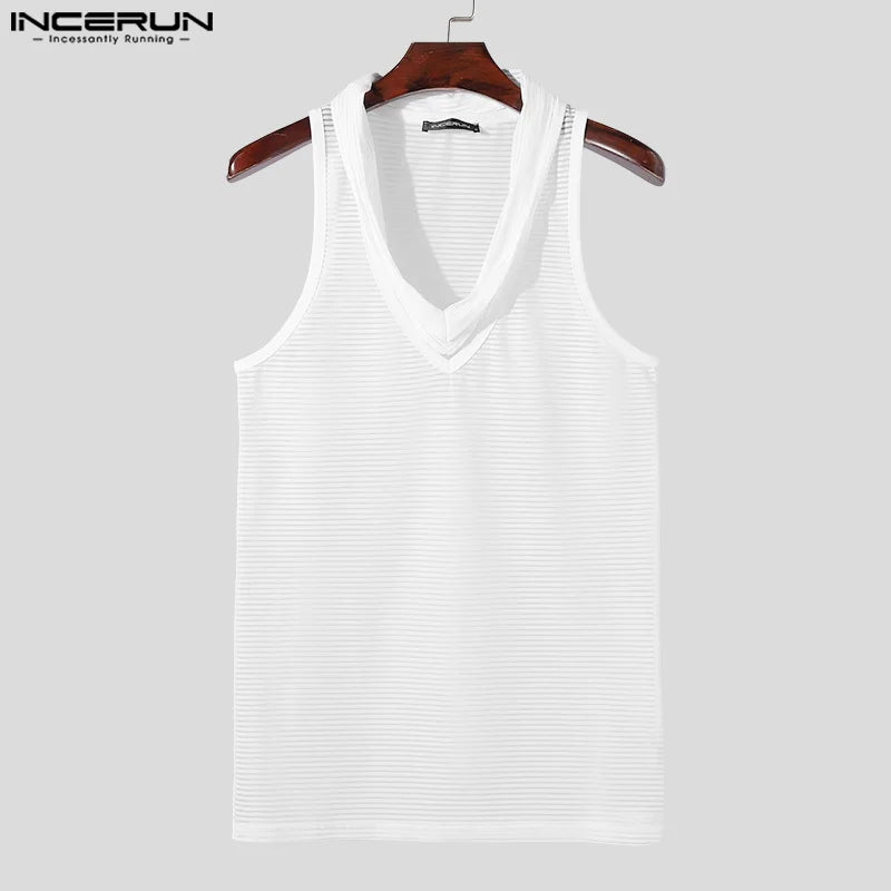 INCERUN Tops 2024 Fashion Men's Double V-neck Hollow Design Vests Summer Streetwear Hot Sale Striped Sleeveless Tank Tops S-5XL