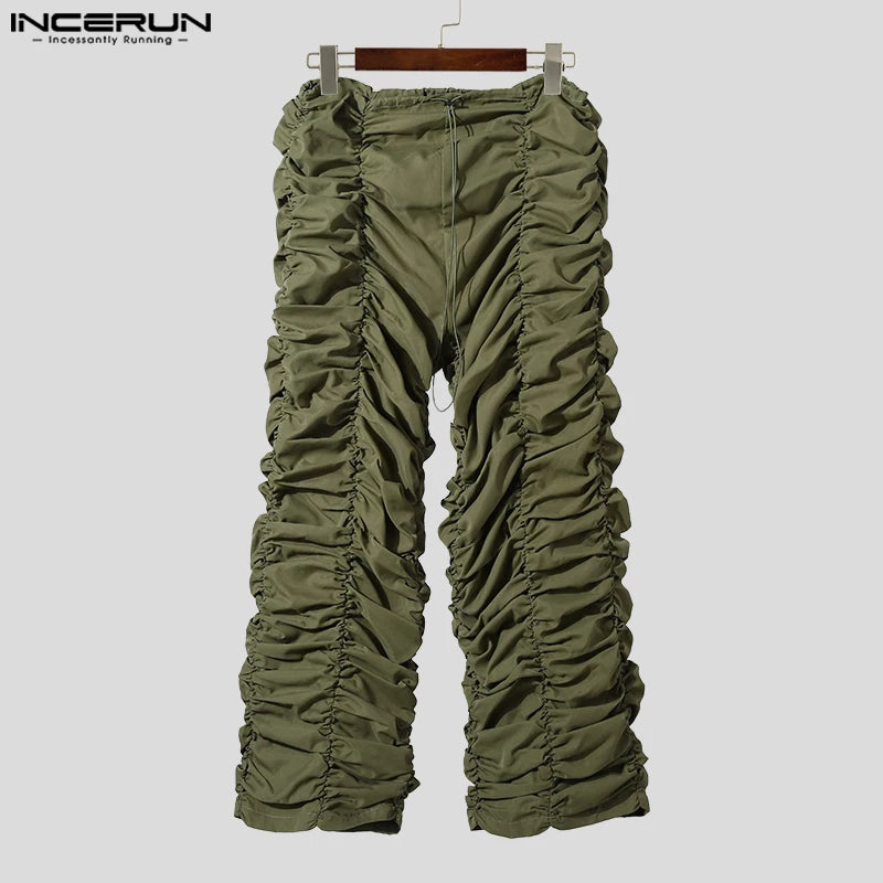 INCERUN 2023 American Style Men's Pantalons Fashion Drawstring Design Trousers Casual Streetwear Solid Pleated Long Pants S-5XL