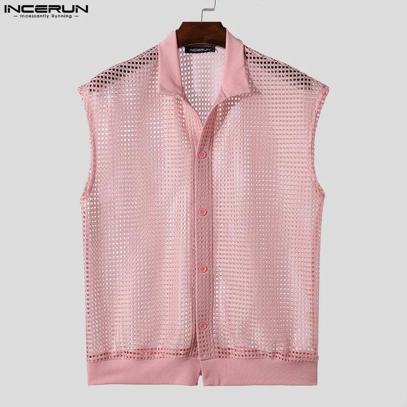 2024 herren Hemd Aushöhlen Transparent Mesh Feste Revers Ärmelloses Sommer Männer Kleidung Streetwear Casual Westen Shirts INCERUN