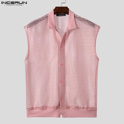 Chemise pour homme 2024, ajourée, maille transparente, solide, revers, sans manches, vêtements d'été pour hommes, streetwear, gilets décontractés, chemises INCERUN