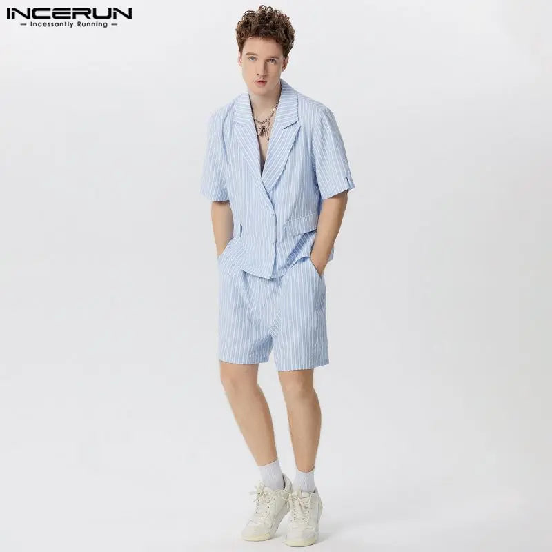 INCERUN 2024 American Style Sets Stylish Handsome Men Bubble Striped Cropped Suit Shorts Casual Simple Male Two-piece Sets S-5XL