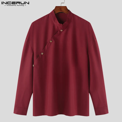 INCERUN Tops 2024 Korean Style Men's Stand Collar Slanted Placket Design Shirt Casual Streetwear Solid Long Sleeved Blouse S-5XL