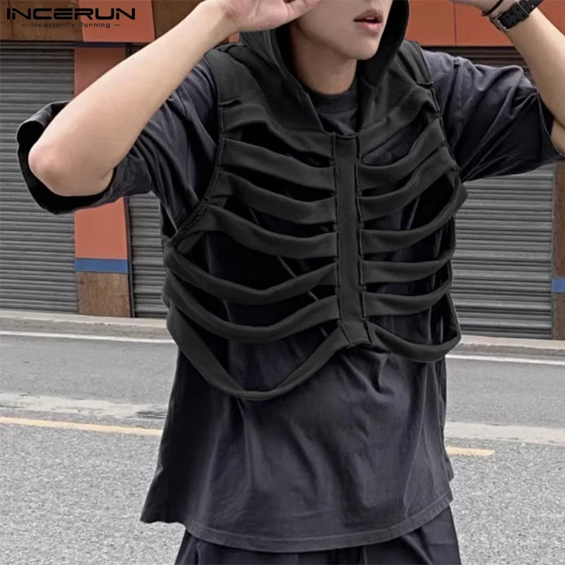 INCERUN Tops 2024 Koreanischen Stil Neue Männer Lustige Knochen Dekonstruktion Design Westen Freizeit Streetwear Feste Kapuzen Weste S-5XL