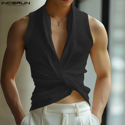 Fashion Clubwear Style Tops INCERUN Men's Solid Twisted Knitted Elastic Vests Sext Male Hot Sale Sleeveless Tank Tops S-5XL 2024