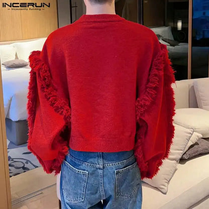 INCERUN Tops 2023 Korean Style New Men's Pullover Design Solid All-match Sweatshirts Tassels Trimmed Long Sleeved Sweaters S-5XL