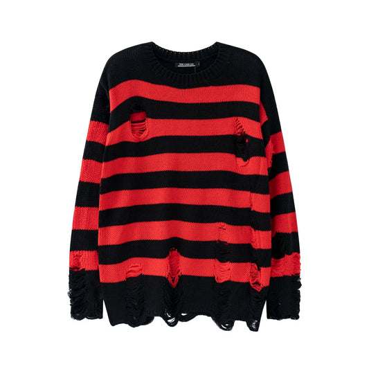 High Street Retro Punk Rot und Schwarz Streifen Herbst Pullover Männer Lose Ripped Loch Quaste Pullover Rundhals Casual Kleidung