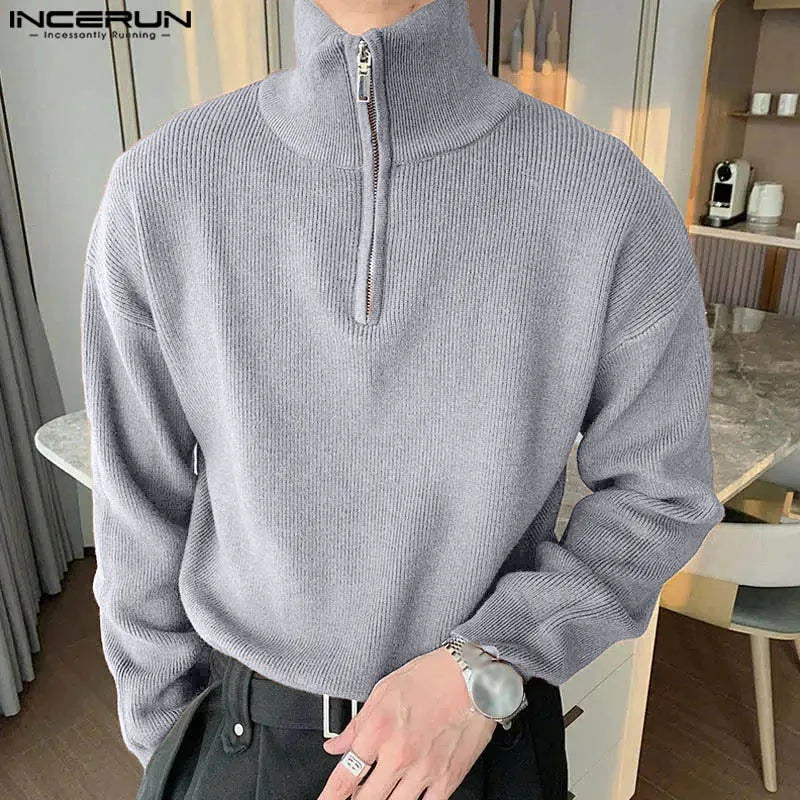 Fashion Well Fitting Tops INCERUN 2024 New Mens Texture Pullovers Leisure Streetwear Solid Long Sleeved High Neck Sweaters S-5XL