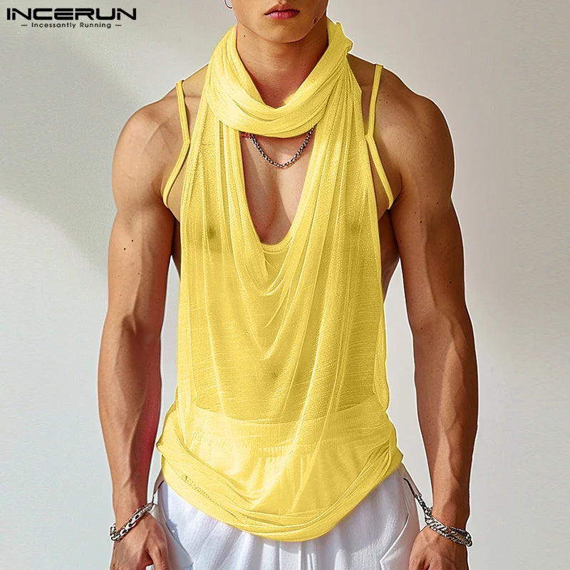 INCERUN Tops 2024 Style coréen Sexy hommes transparent maille mince gilets été mode mâle vente chaude col pivotant débardeurs S-5XL