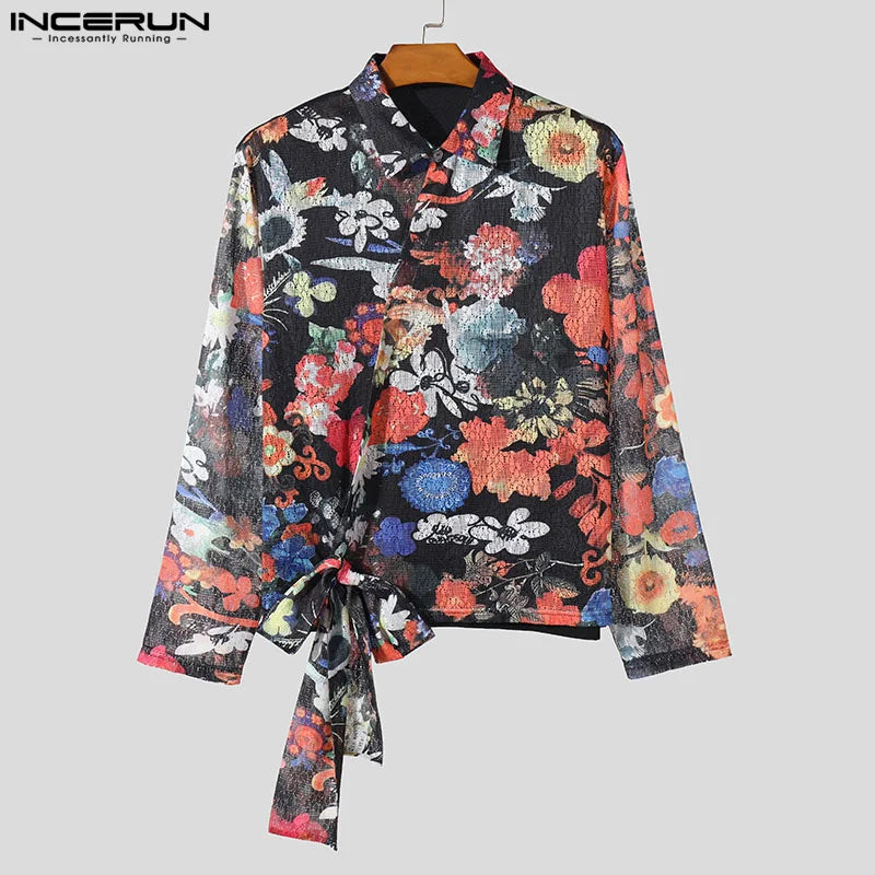 INCERUN Tops 2024 Fashion Men's Lace Floral Printed Shirts Casual Streetwear Cross Tie Design Long Sleeved Cardigan Blouse S-5XL