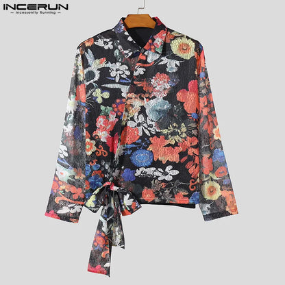 INCERUN Tops 2024 Fashion Men's Lace Floral Printed Shirts Casual Streetwear Cross Tie Design Long Sleeved Cardigan Blouse S-5XL