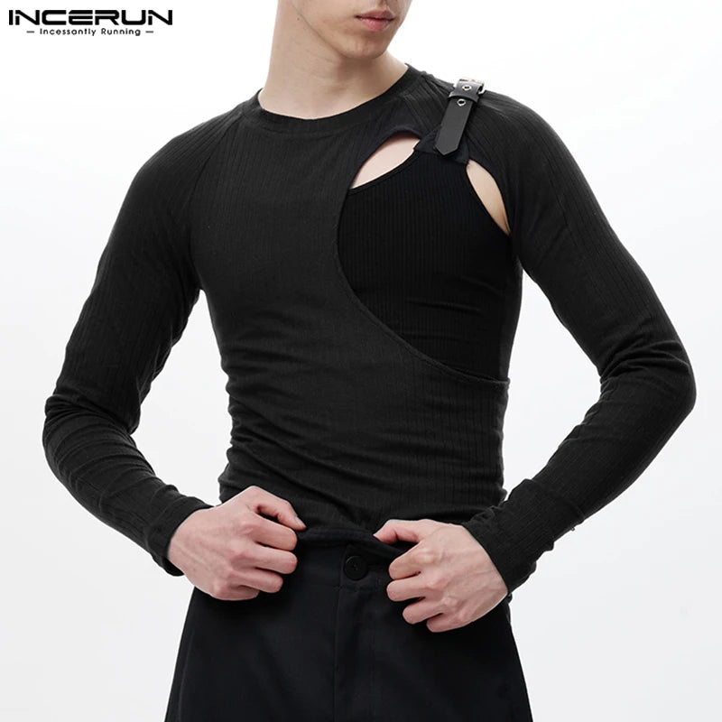 INCERUN Tops 2023 Korean Style Men's Fashion Metal Buckle Design T-shirts Casual Male Hollow O-neck Long Sleeved Camiseta S-5XL