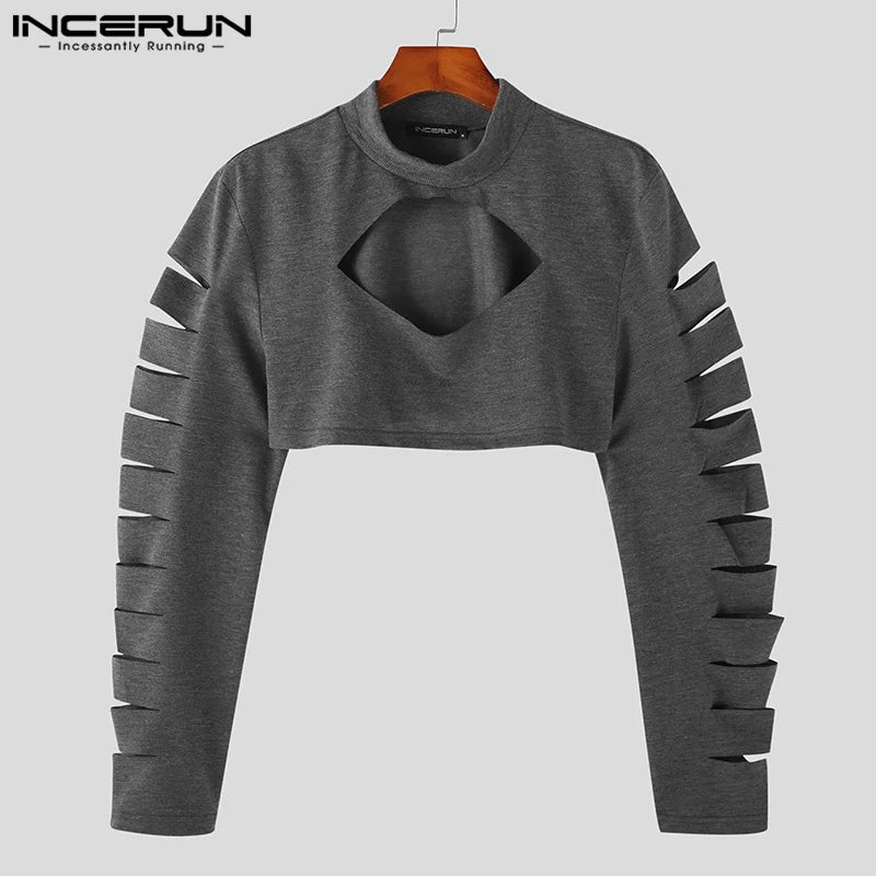 INCERUN Tops 2024 Style américain Nouveaux T-shirts creux à la mode pour hommes Fête décontractée Vente chaude Imprimé Camiseta à manches longues