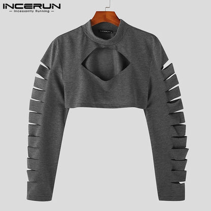 INCERUN Tops 2024 American Style New Men's Fashionable Hollowed T-shirts Casual Party Hot Selling Printed Long Sleeved Camiseta