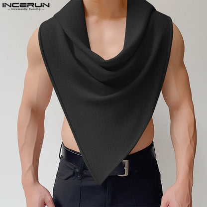 INCERUN Tops 2024 American Style New Men Fashion Texture Pile Up Collar Vests Casual Streetwear Solid Sleeveless Tank Tops S-5XL