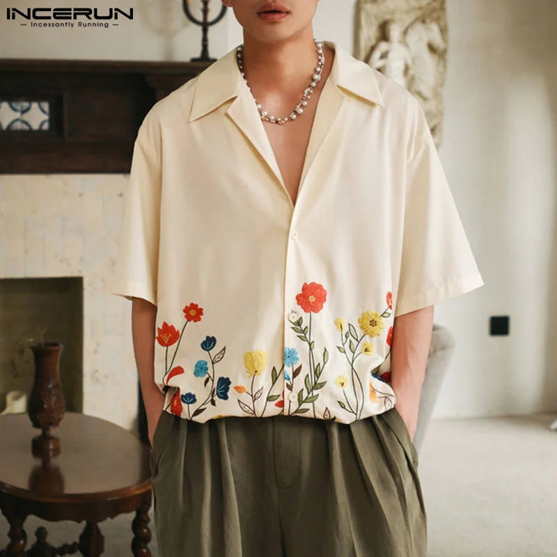 2023 Men Shirt Flower Printing Lapel Short Sleeve Loose Summer Streetwear Men Clothing Korean Style Casual Shirts S-5XL INCERUN