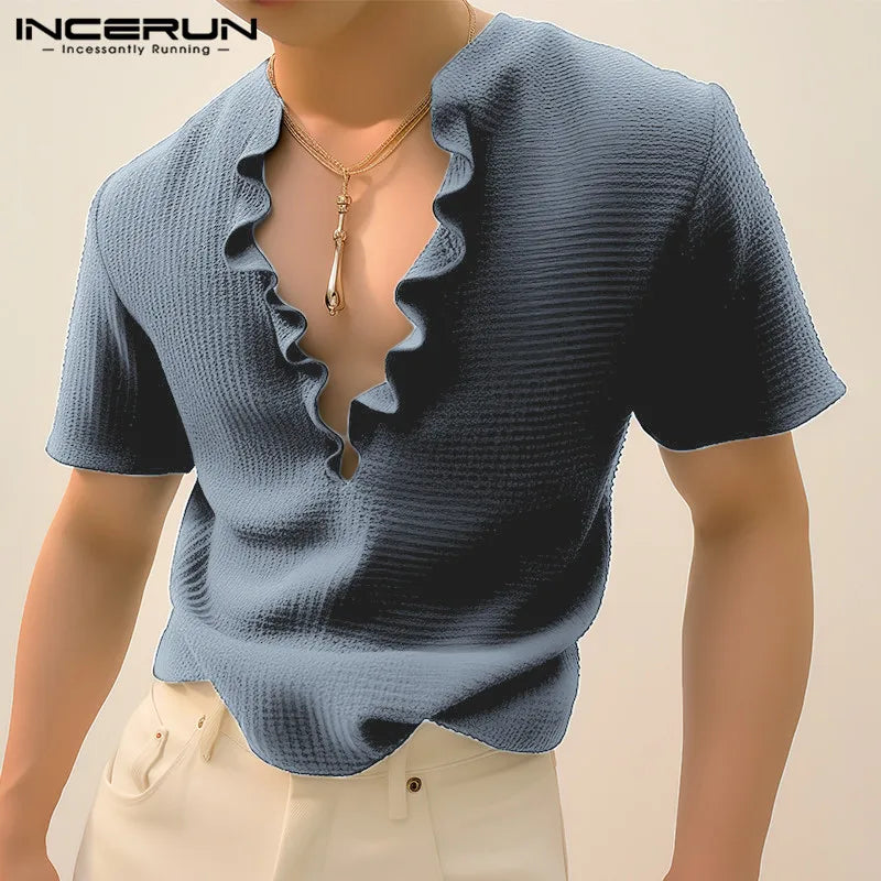 INCERUN Tops 2024 Korean Style Handsome New Men Flounce Design Solid T-shirts Fashion Sexy Cardigan Short Sleeved Camiseta S-5XL