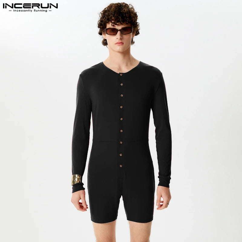 INCERUN 2024 Sexy Men Rompers Open Front Solid Knitted Long Sleeved Jumpsuits Male Comfortable O-Neck Flat Angle Bodysuits S-5XL